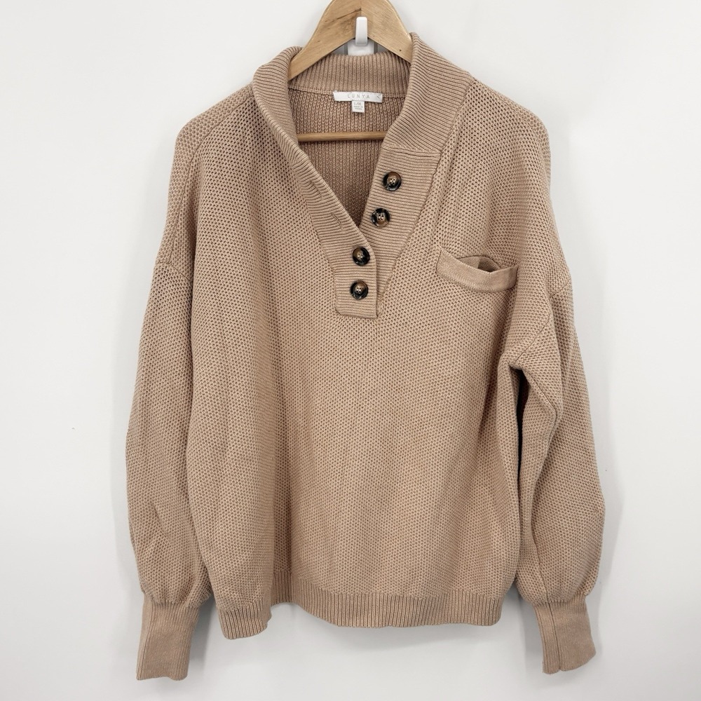 Lunya Cozy Cotton Silk Waffle Henley Sweater Women Large XLarge Cozy Lounge Lux